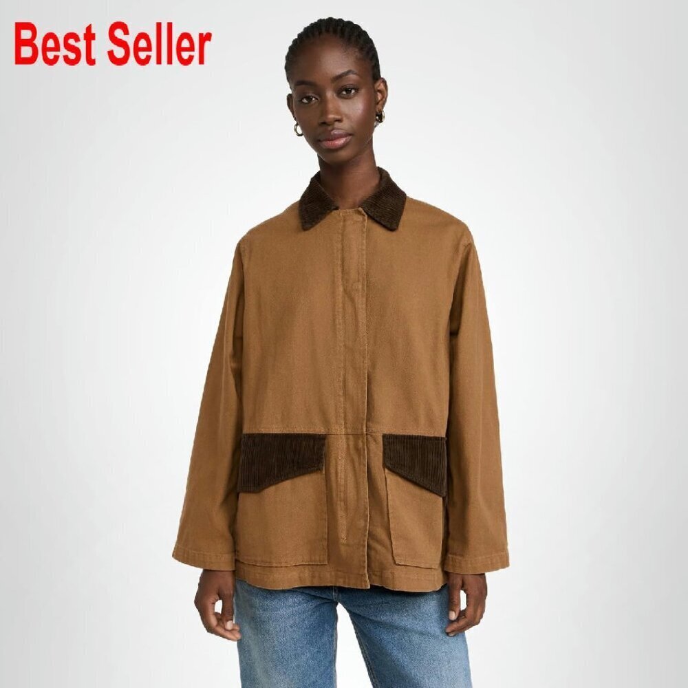 Classic Twill Barn Jacket Corduroy Trim Flap Pockets Collared Chic Outerwear